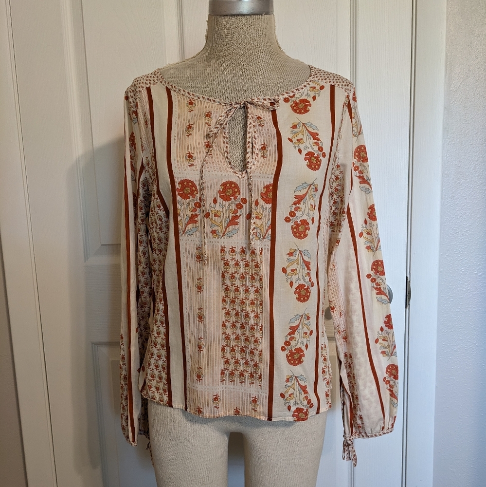 1990s Boho Block Print Blous